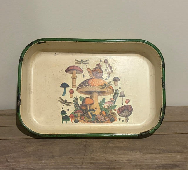 Mushroom Decoupage Enamel Vintage Tray
